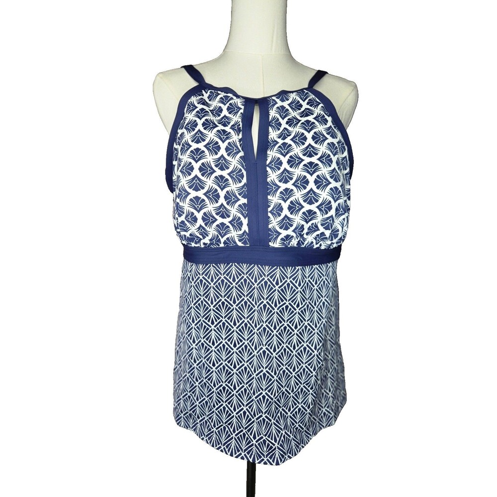 Lands End Womens 14D High Neck Keyhole Tankini Top Navy Coastal Resort Print